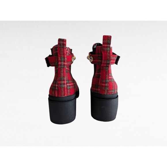 Sugar Favorite 4 plaid combat/ankle rhinestone/pearl strap boot Sz 8M - Picture 2 of 10